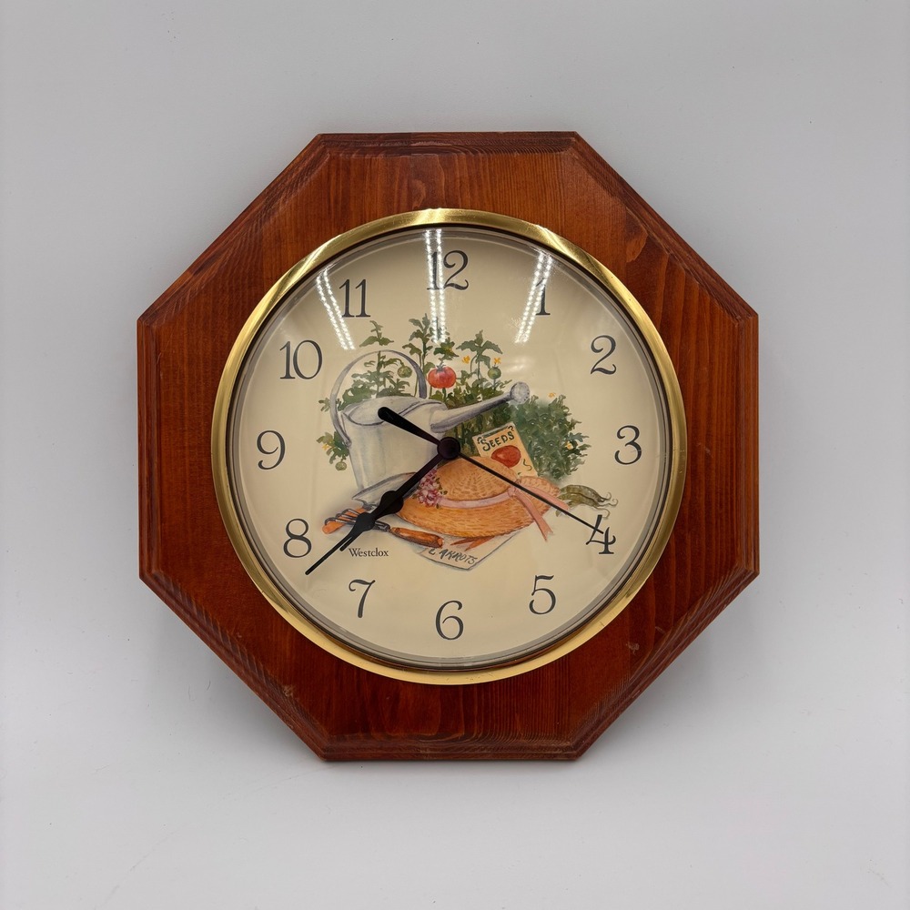 Westclox Wall Clock Brown Excellent Garden Theme Octagon Wood Frame Cottagecore